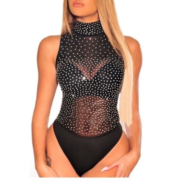 Tops - Black Sheer Silver Rhinestone Mock Neck Bodysuit new